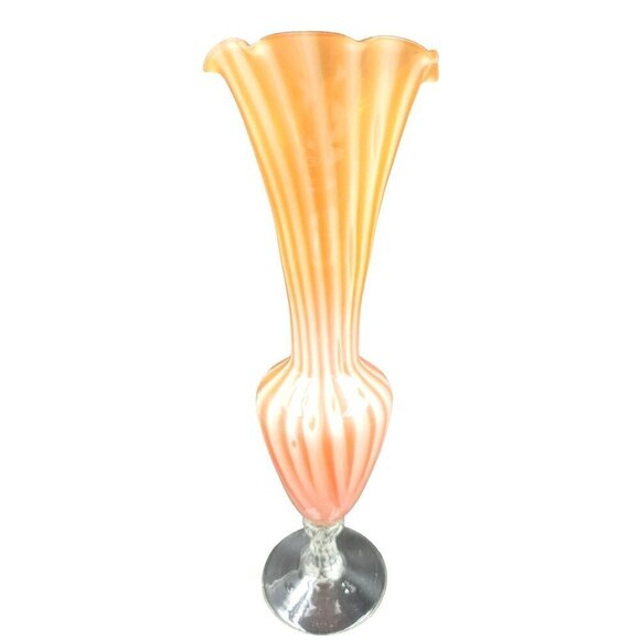 Vintage 8" Bud Vase Orange & White Swirl With Ruffled Edge Stemmed Styled base - Picture 2 of 8